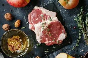 Porc caramélisé au miel et moutarde, pommes rôties au thym