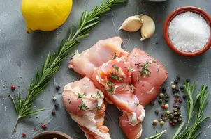 Poulet mariné au yaourt et curry, éclats d'ail et zeste de citron