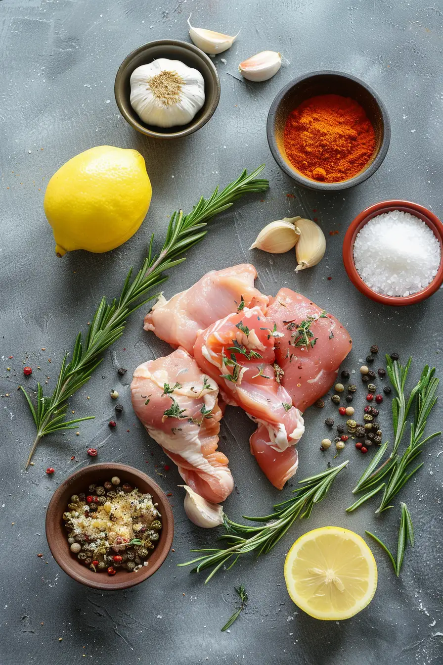 Poulet mariné au yaourt et curry, éclats d'ail et zeste de citron