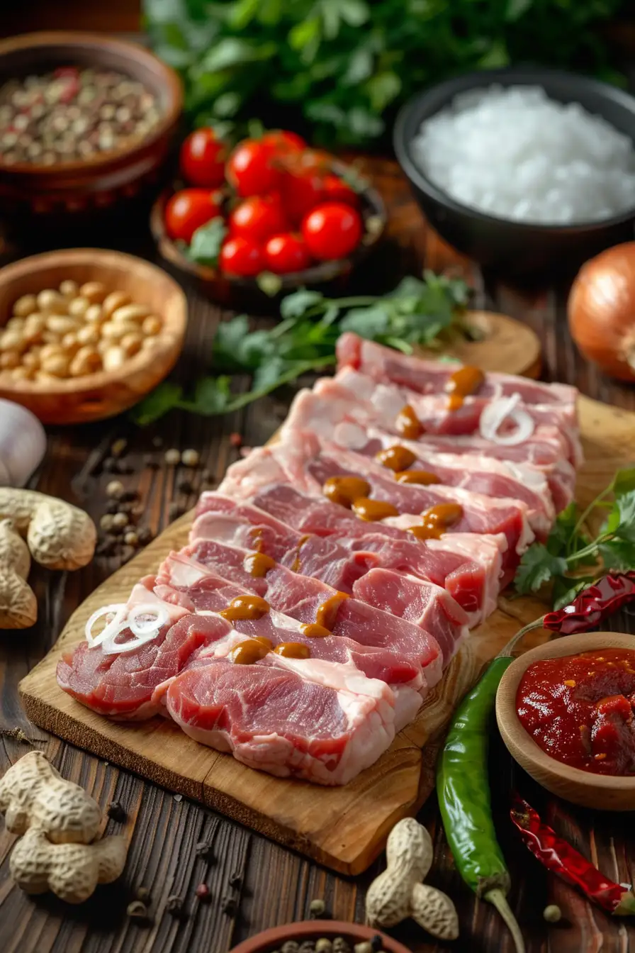 Porc épicé aux oignons et arachides croquantes
