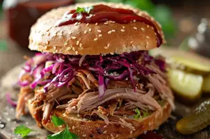 Porc effiloché barbecue en burger avec coleslaw et cornichons