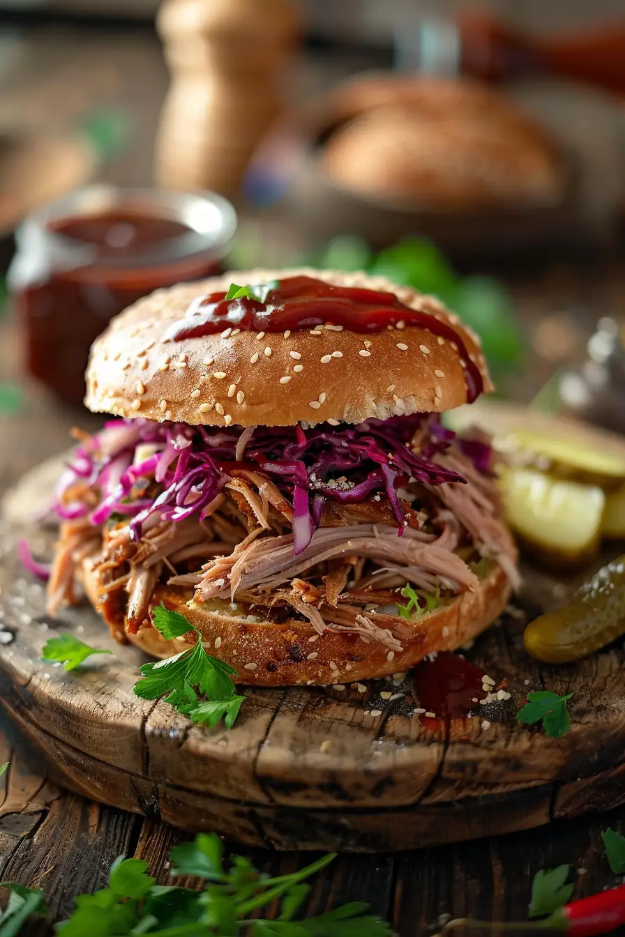 Porc effiloché barbecue en burger avec coleslaw et cornichons