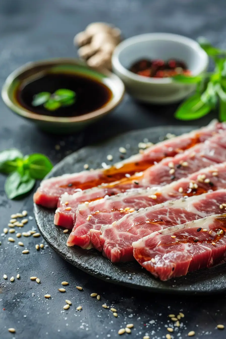 Porc caramélisé au miel et gingembre, éclats de sésame