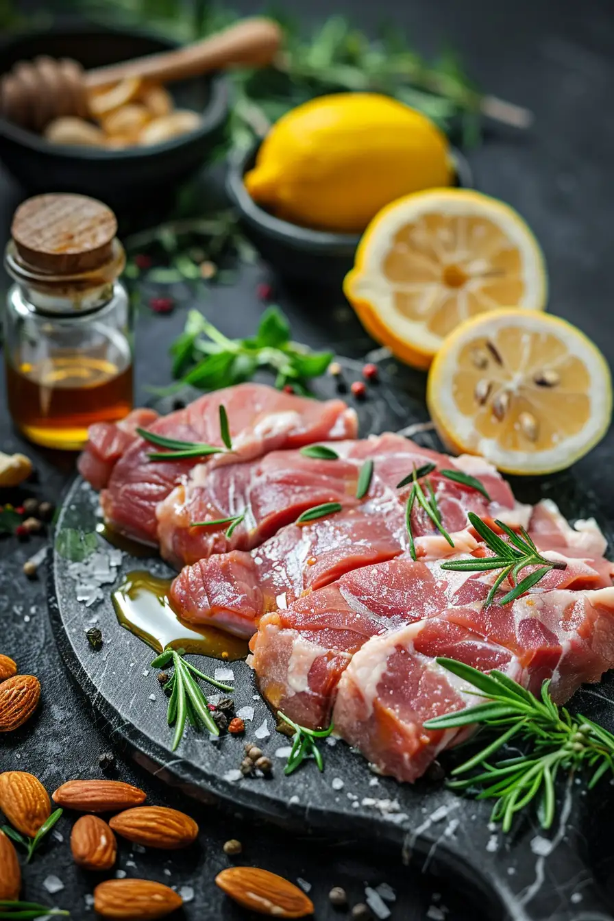 Porc caramélisé au cumin et miel, éclats d'amandes et zeste de citron