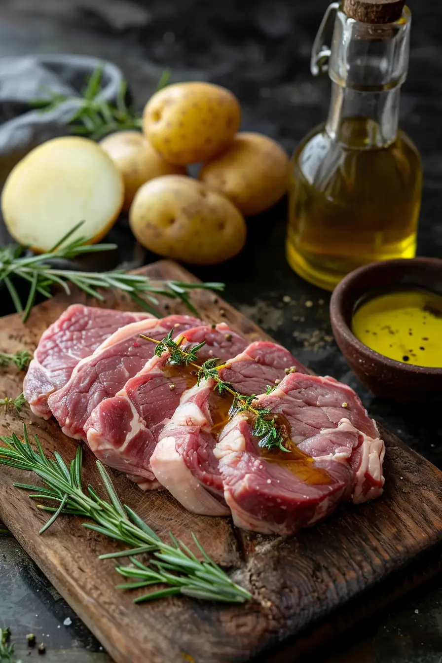 Porc caramélisé au miel et moutarde, accompagné de pommes de terre au romarin