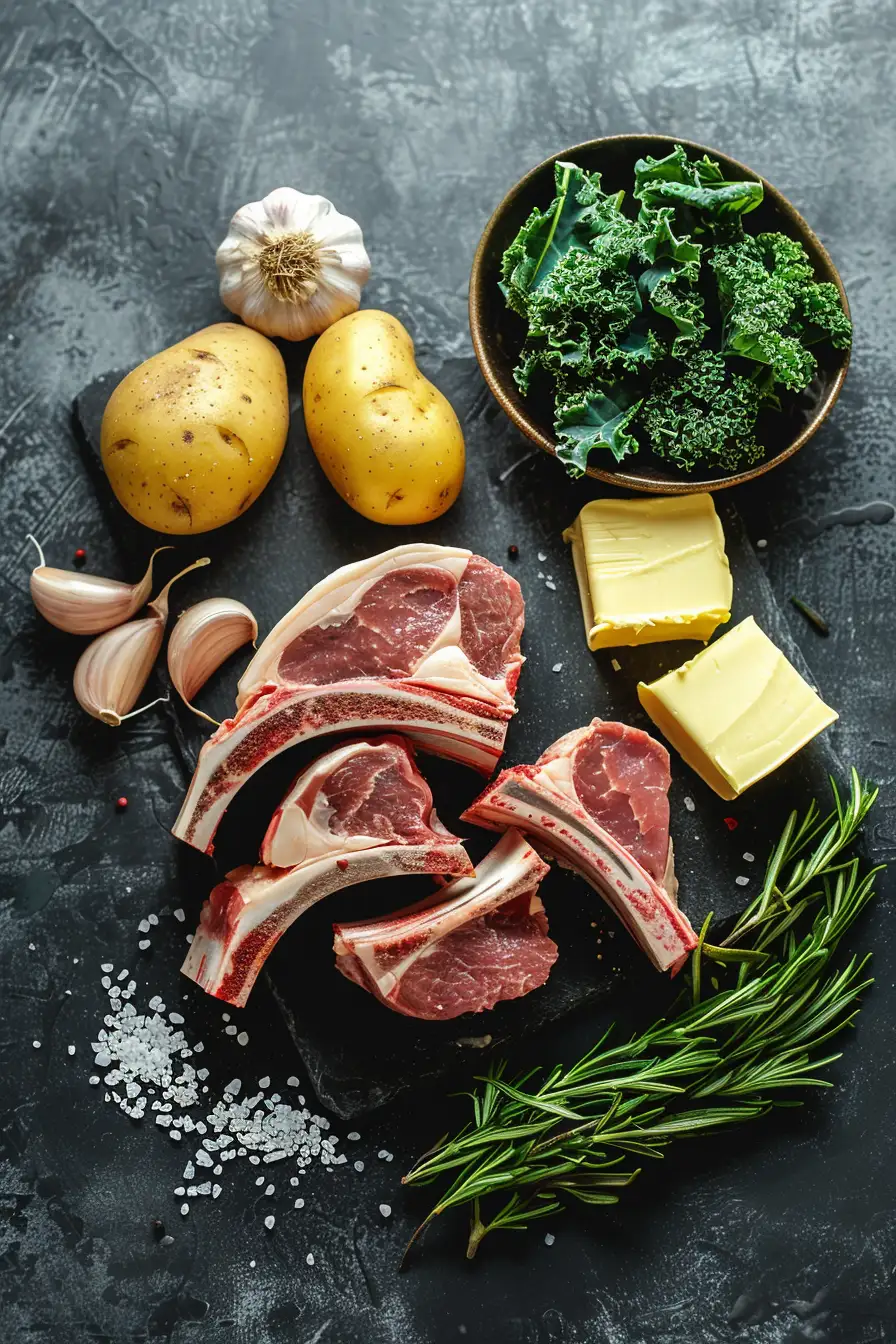 Agneau savoureux aux pommes de terre et chou frisé à l'ail