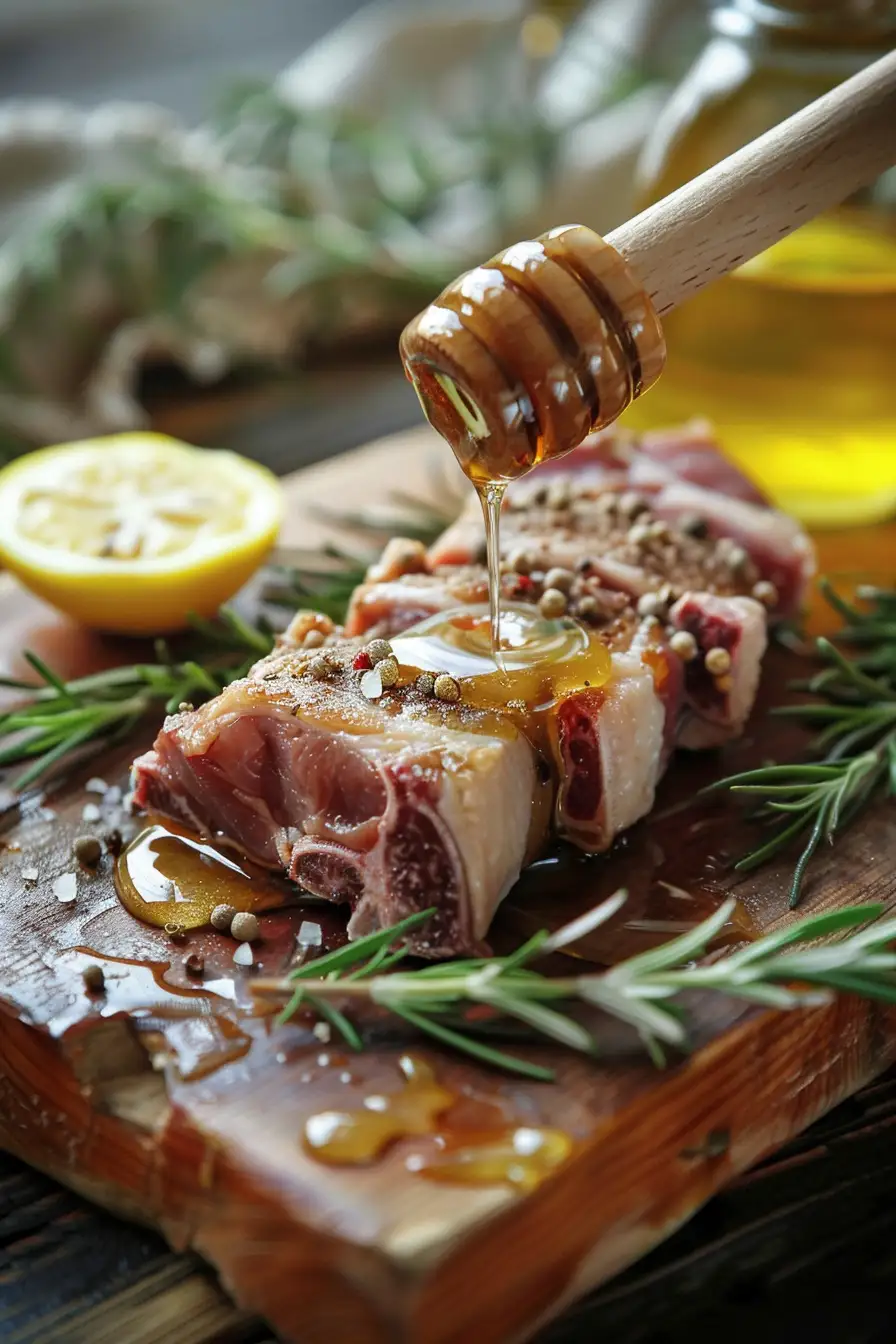 Agneau rôti au miel et moutarde, parfumé au romarin et citron