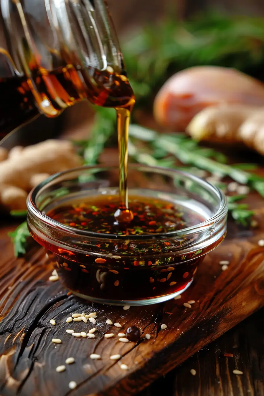 Dinde caramélisée au miel et au gingembre, sauce soja et sésame