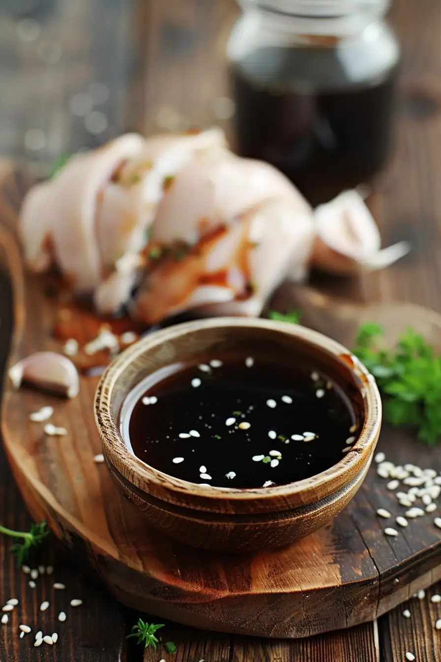 Dinde caramélisée au miel et sésame, sauce soja et ail