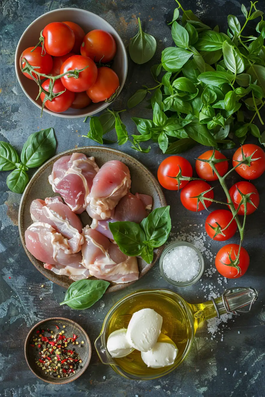 Poulet aux tomates cerises et mozzarella, parfumé au basilic frais