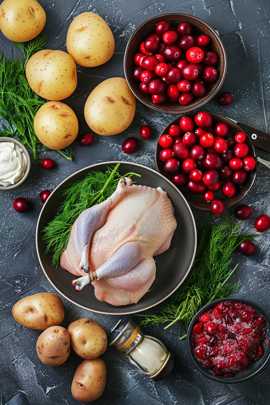 Dinde aux airelles et crème fraîche, accompagnée de pommes de terre à l'aneth