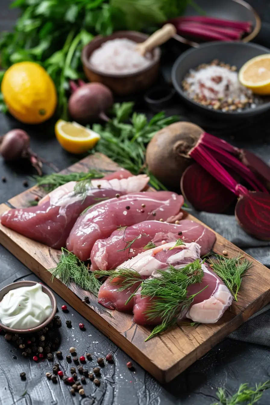 Dinde rôtie aux betteraves et crème fraîche, parfumée à l'aneth et au citron
