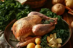 Dinde rôtie aux pommes de terre et chou frisé parfumé au thym