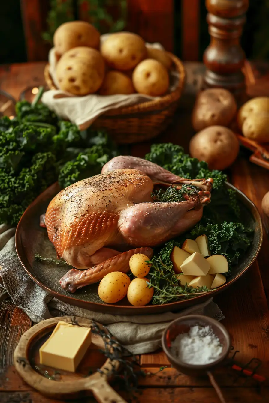 Dinde rôtie aux pommes de terre et chou frisé parfumé au thym