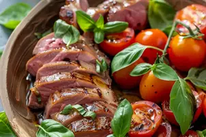 Canard aux tomates cerises et basilic frais, un délice balsamique