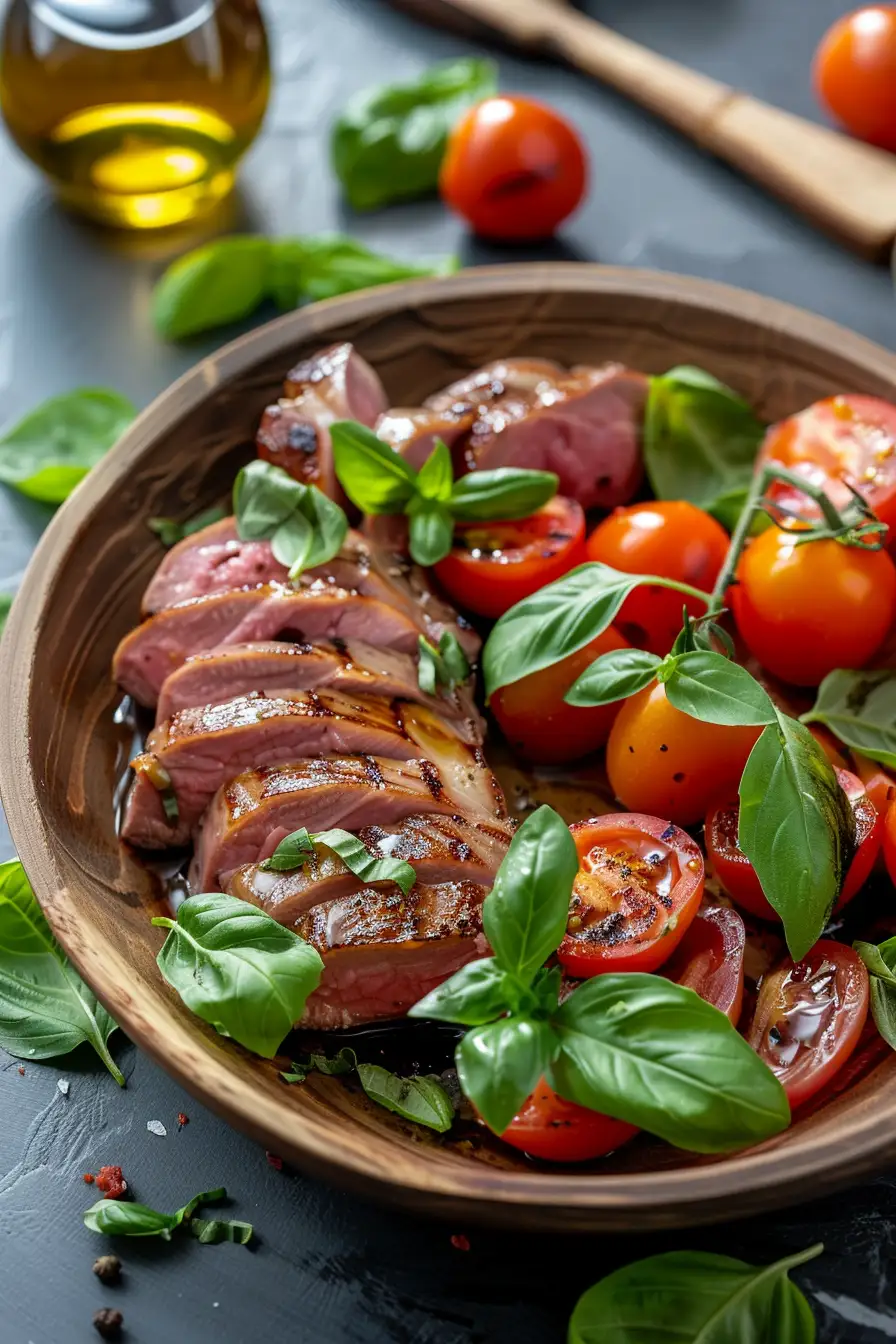 Canard aux tomates cerises et basilic frais, un délice balsamique