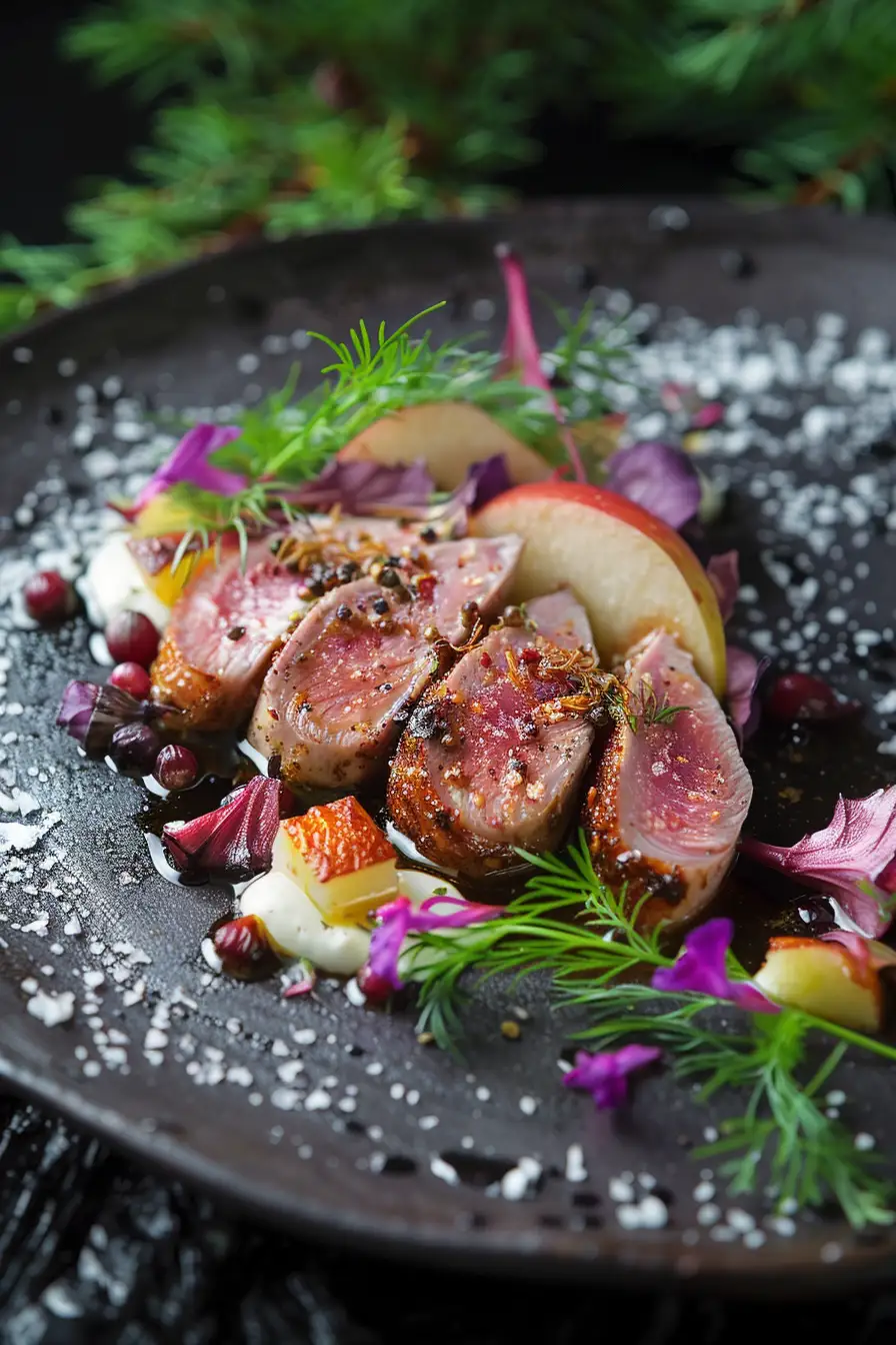 Canard aux baies de genièvre et crème fraîche, pommes et aneth en harmonie