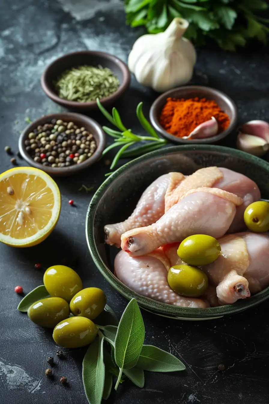 Poulet aux épices tunisiennes et olives vertes, un zeste de citron et d'ail