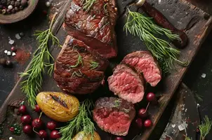 Cerf aux baies de genièvre et crème fraîche, accompagné de pommes de terre à l'aneth