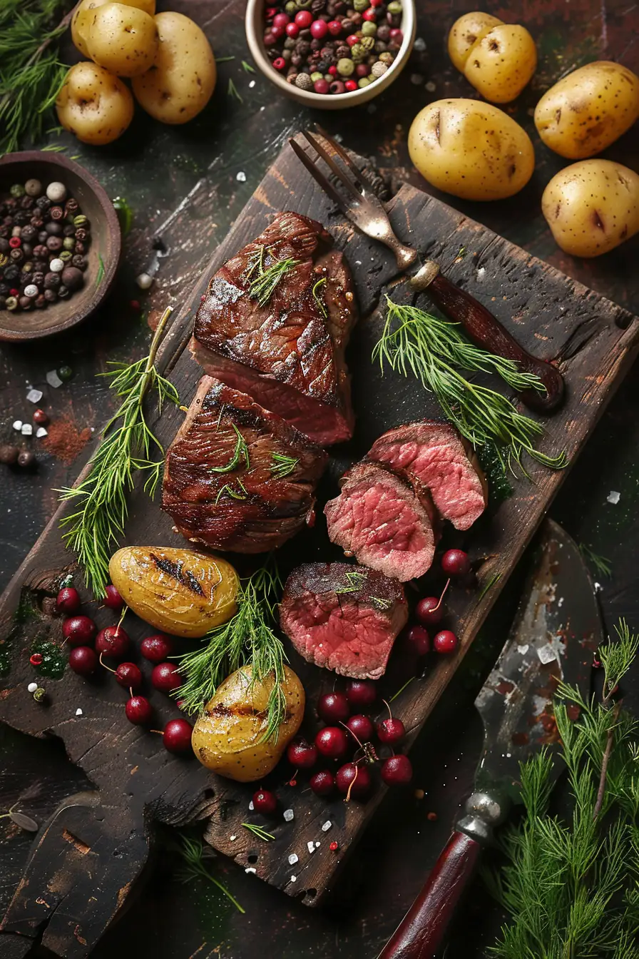 Cerf aux baies de genièvre et crème fraîche, accompagné de pommes de terre à l'aneth