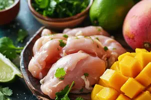 Poulet au lait de coco et curry rouge, mangue et coriandre en harmonie