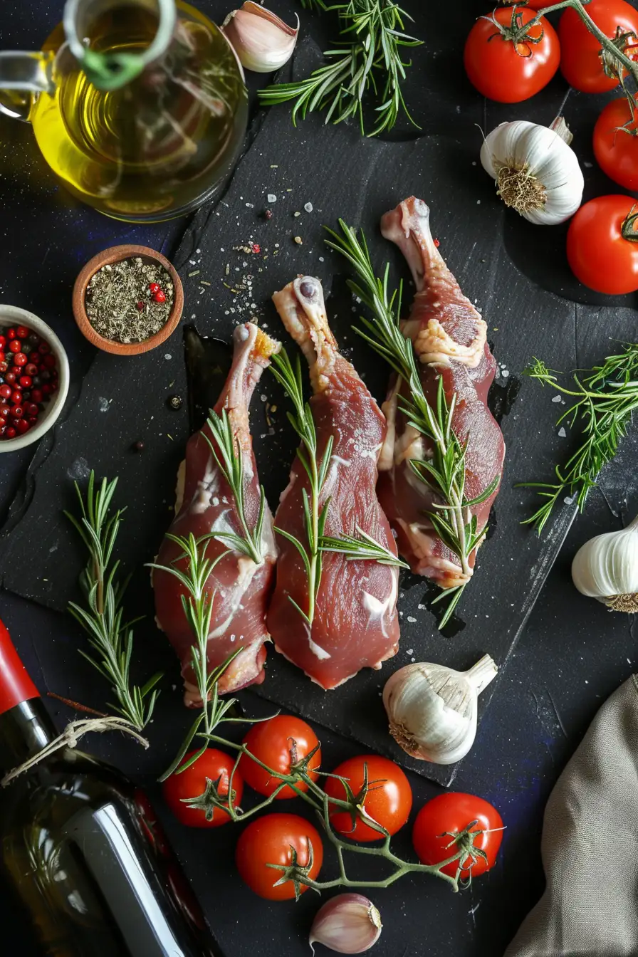 Lapin mijoté aux tomates cerises, ail et romarin au vin blanc