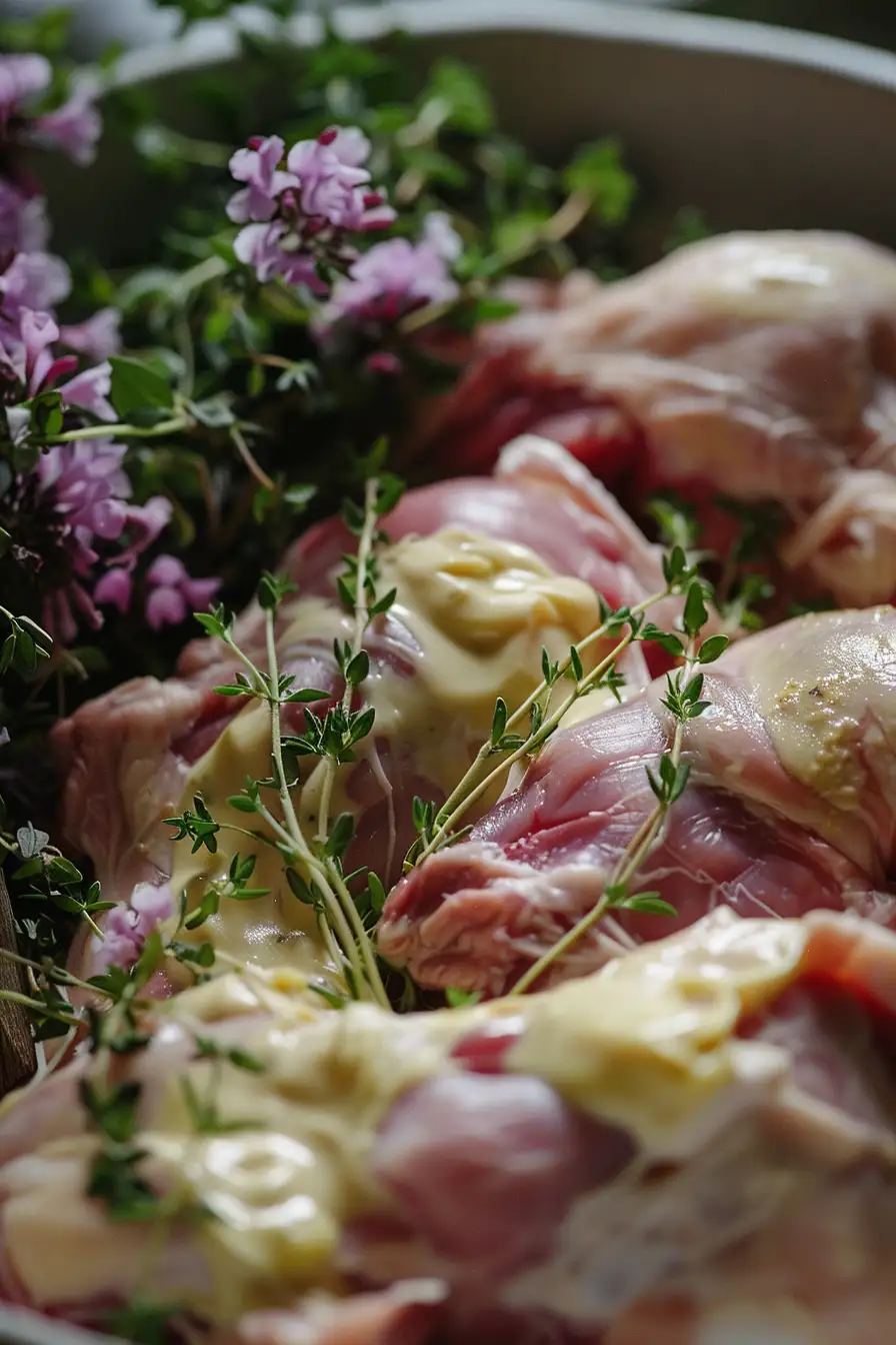 Lapin mijoté au vin blanc, moutarde et thym avec crème fraîche