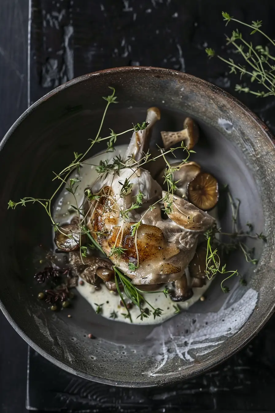 Lapin aux baies de genièvre, crème fraîche et champignons sauvages à l'aquavit