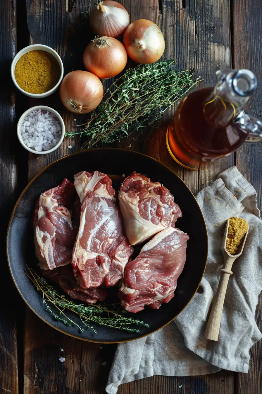 Lapin mijoté à la bière brune et moutarde de Dijon, parfumé au thym et oignons
