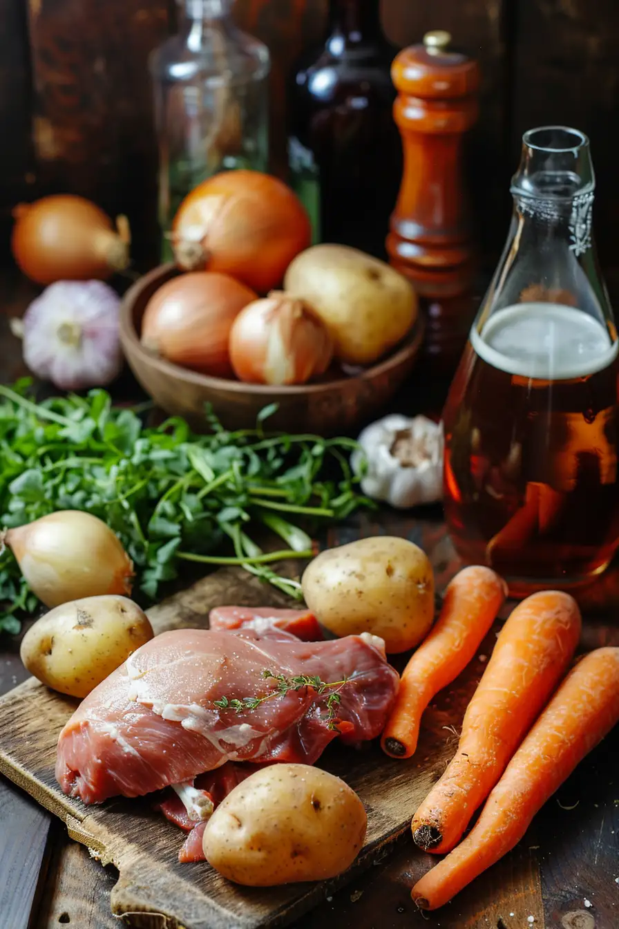 Lapin mijoté à la bière brune avec pommes de terre et carottes