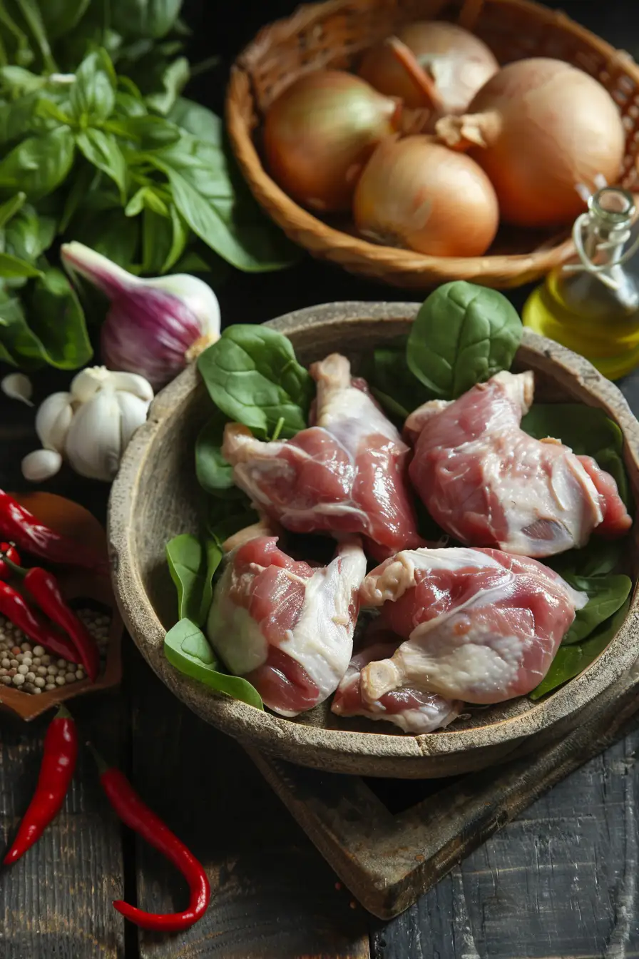 Délice de lapin aux épinards et piment en huile de palme