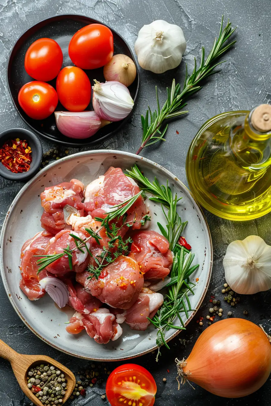 Lapin épicé au peri-peri avec oignons et tomates à l'huile d'olive