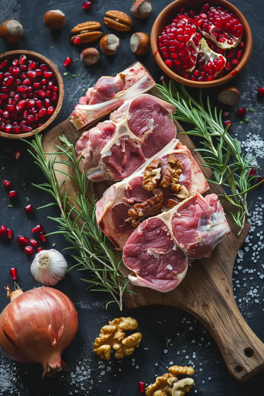 Lapin au safran, grenade et noix avec oignons caramélisés