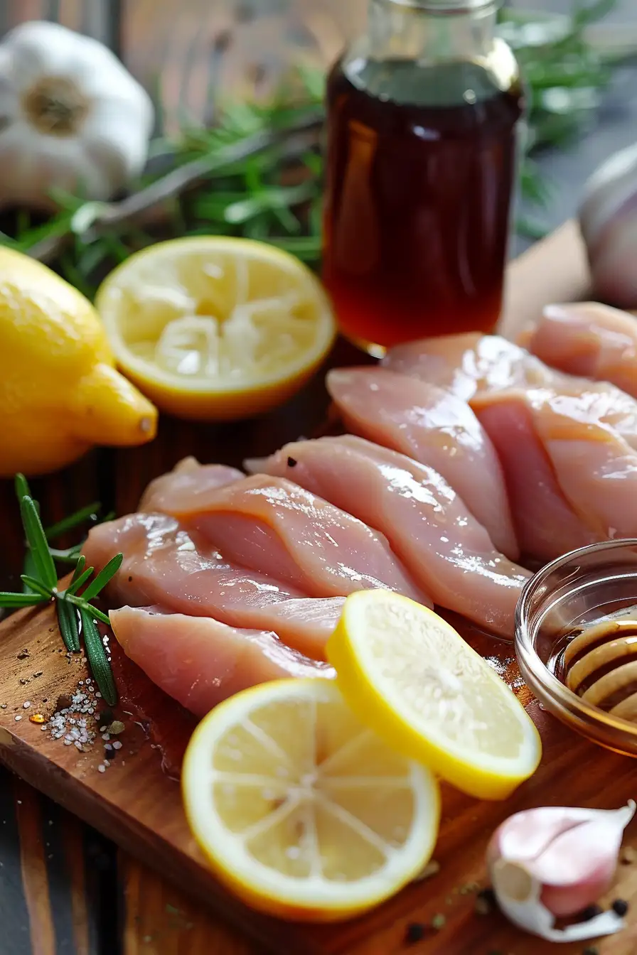 Poulet au miel et à la sauce soja, éclats de citron et d'ail