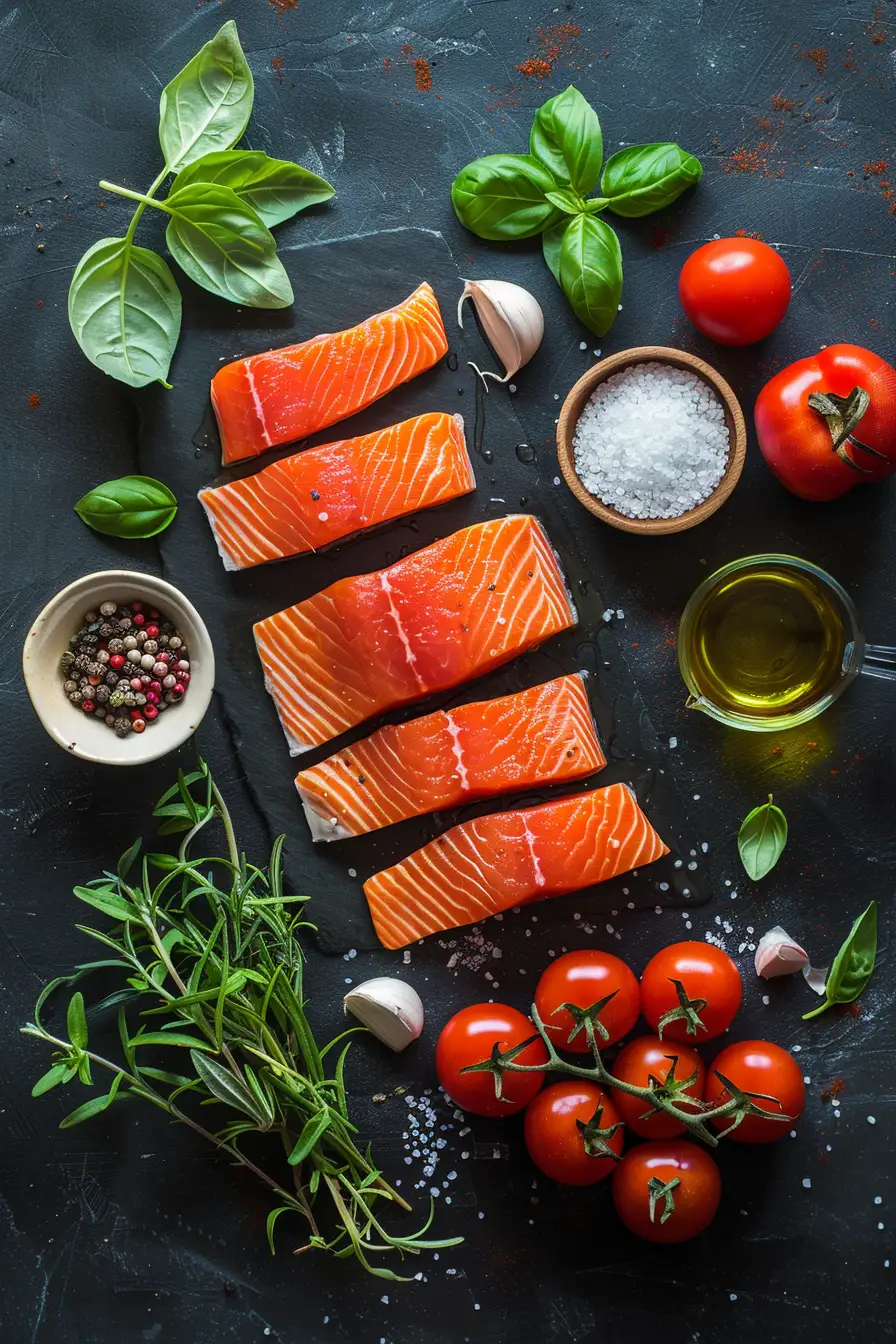Saumon aux tomates cerises et basilic frais à l'ail et huile d'olive