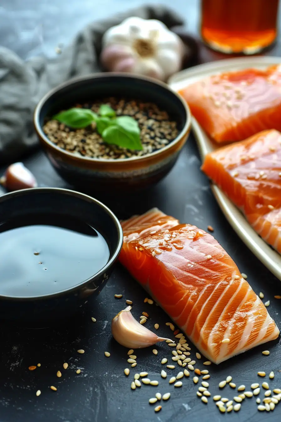 Saumon caramélisé à la sauce soja et miel, parsemé de graines de sésame et d'ail