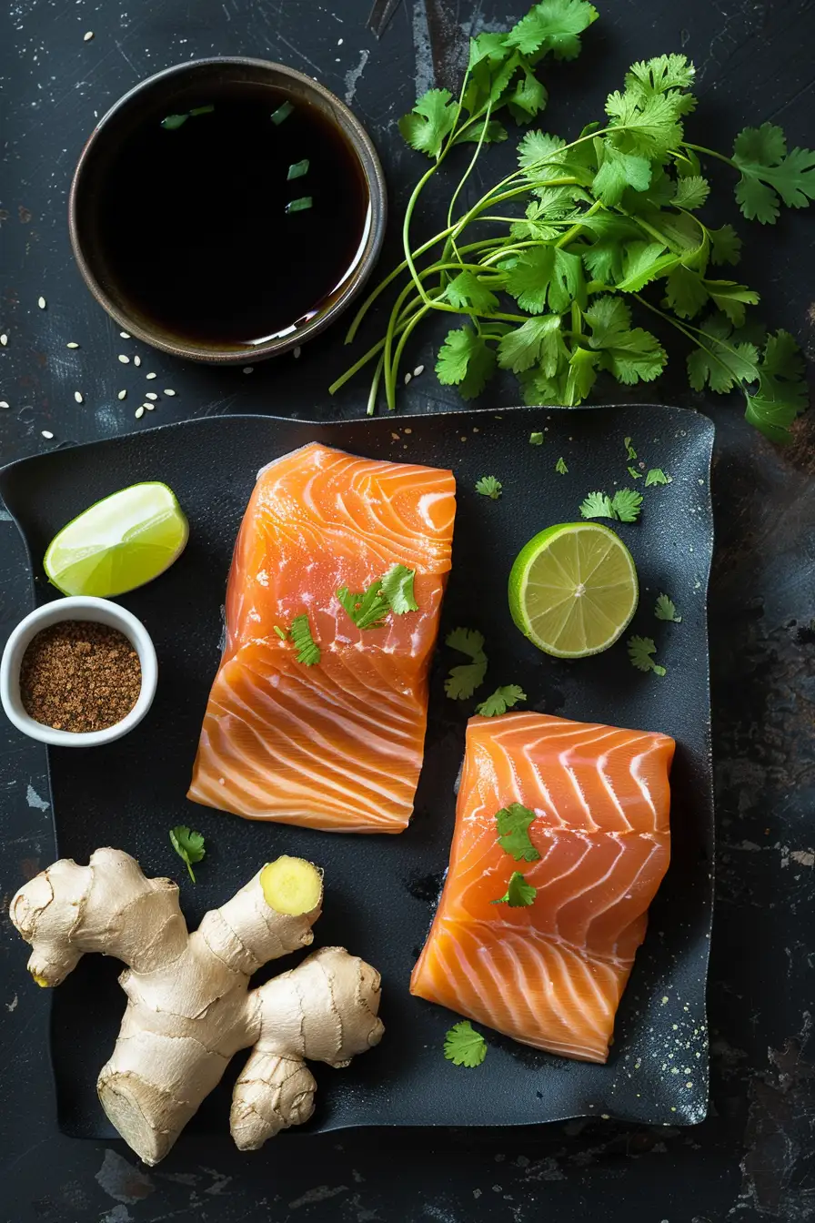 Saumon mariné à la sauce soja, gingembre frais et citron vert, parsemé de coriandre