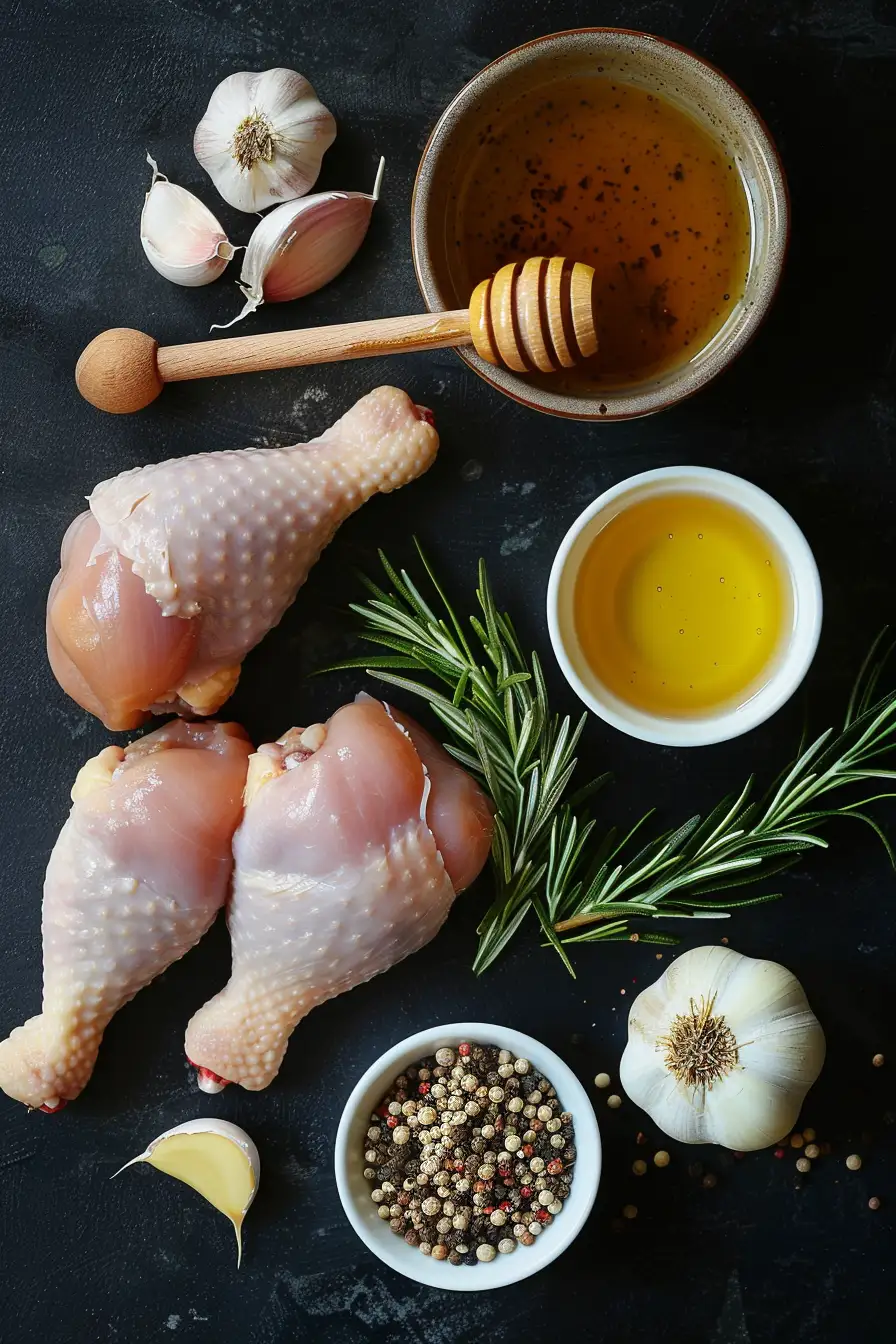 Poulet rôti au miel et moutarde, parfumé à l'ail et au romarin