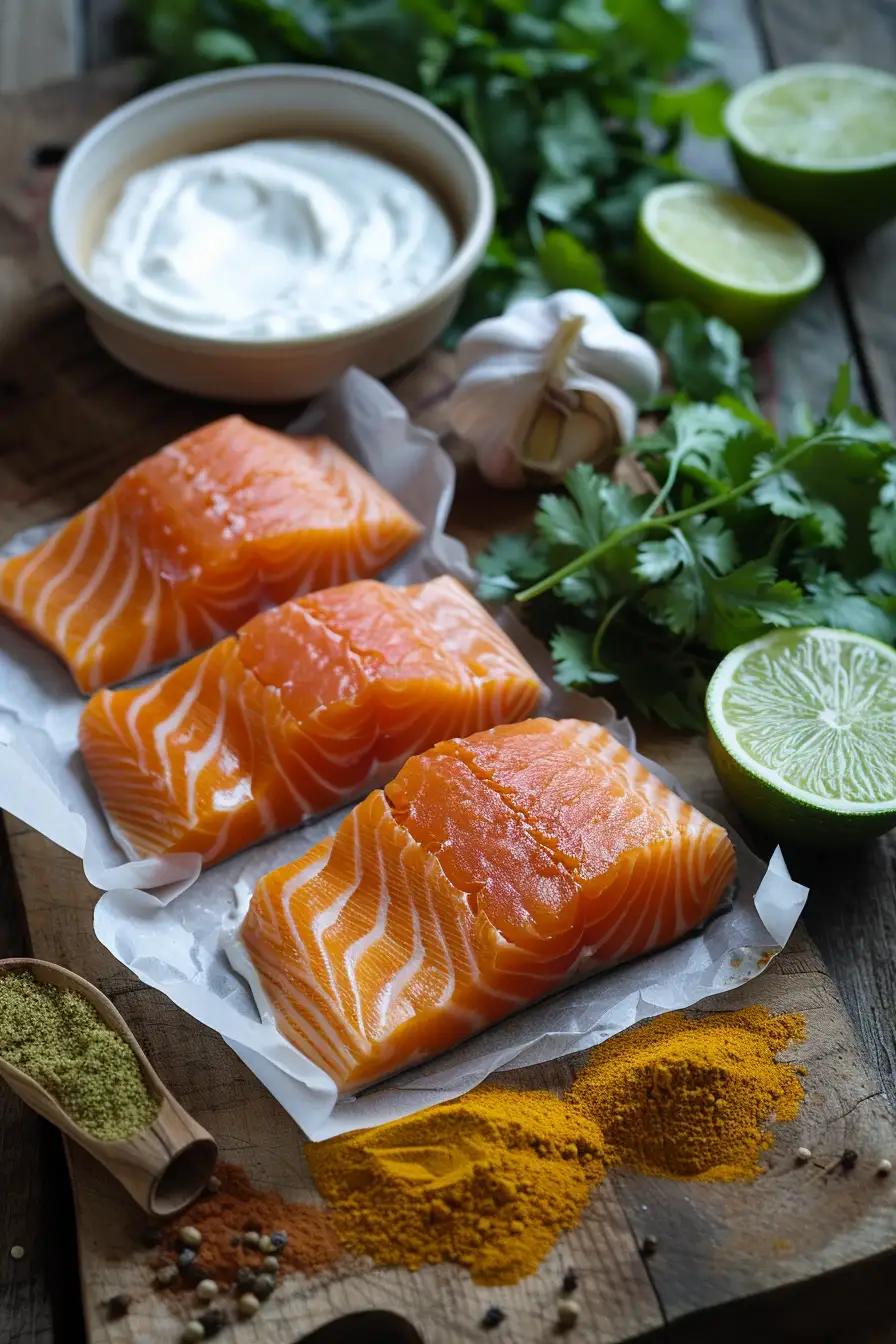 Saumon mariné au yaourt et curry, parfumé au citron vert et coriandre fraîche