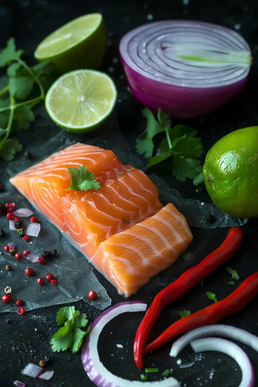 Saumon mariné au citron vert, coriandre et piment rouge