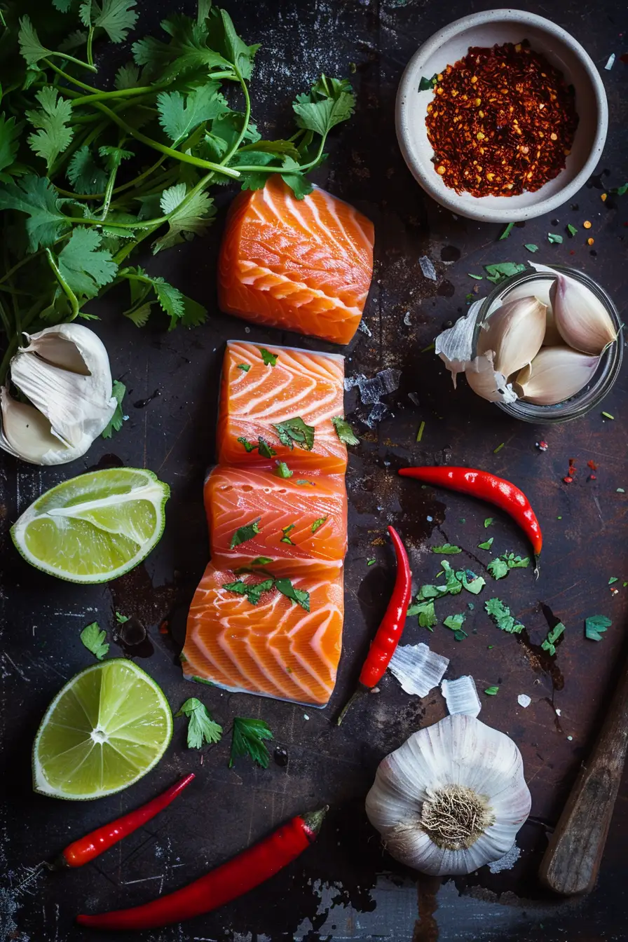 Saumon mariné au citron vert, coriandre et piment rouge