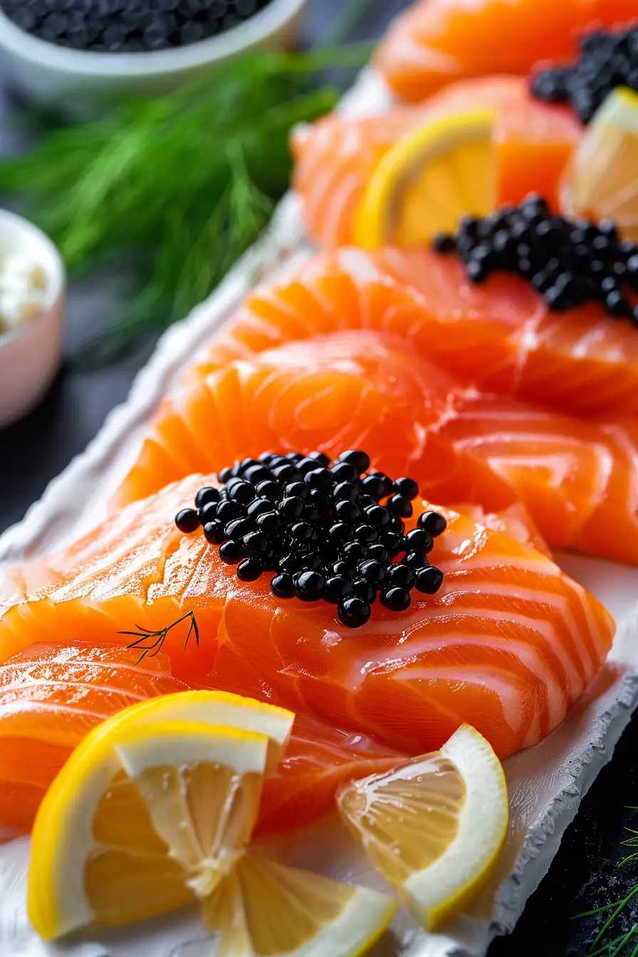 Délice de saumon à l'aneth, crème fraîche et caviar au citron