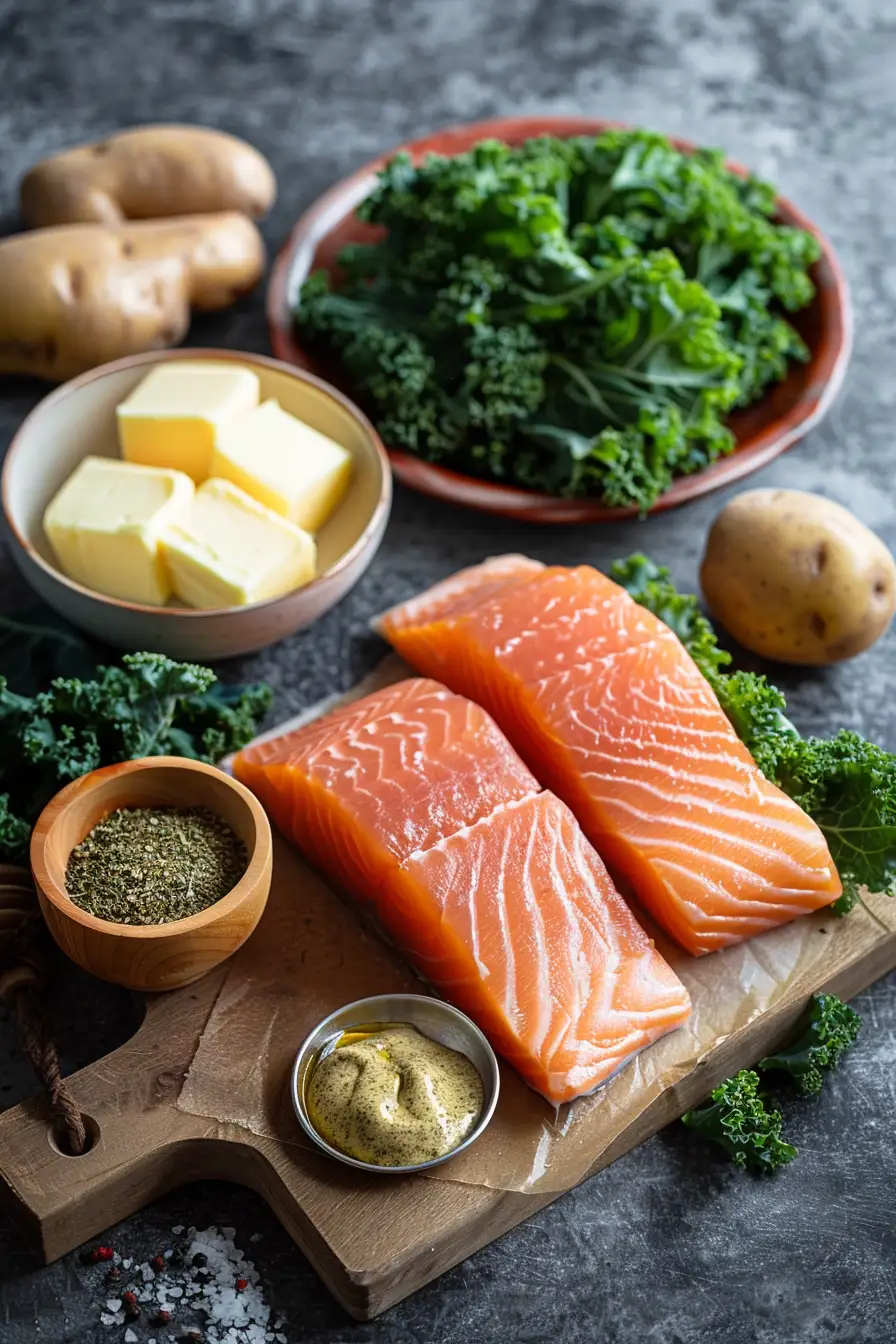 Délice de saumon au beurre de moutarde, pommes de terre et chou frisé