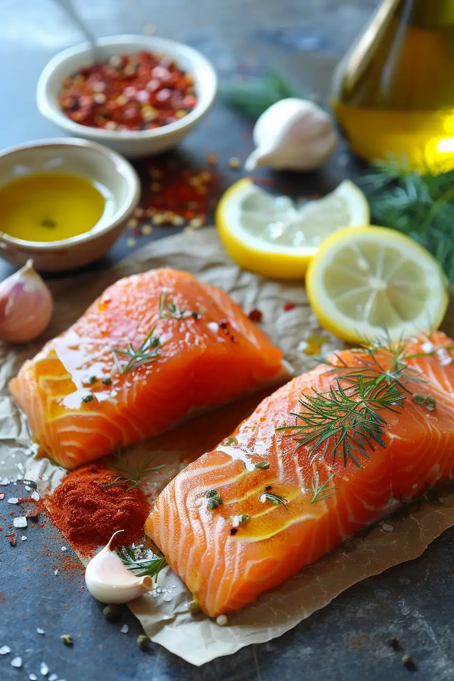 Saumon épicé à la harissa, citron et ail confit à l'huile d'olive