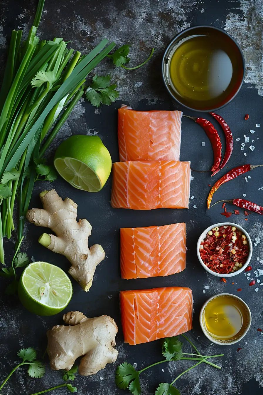 Saumon mariné au citron vert, gingembre et piment, arrosé d'huile d'olive