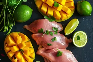 Poulet aux épices jerk et mangue, un zeste de citron vert et coriandre
