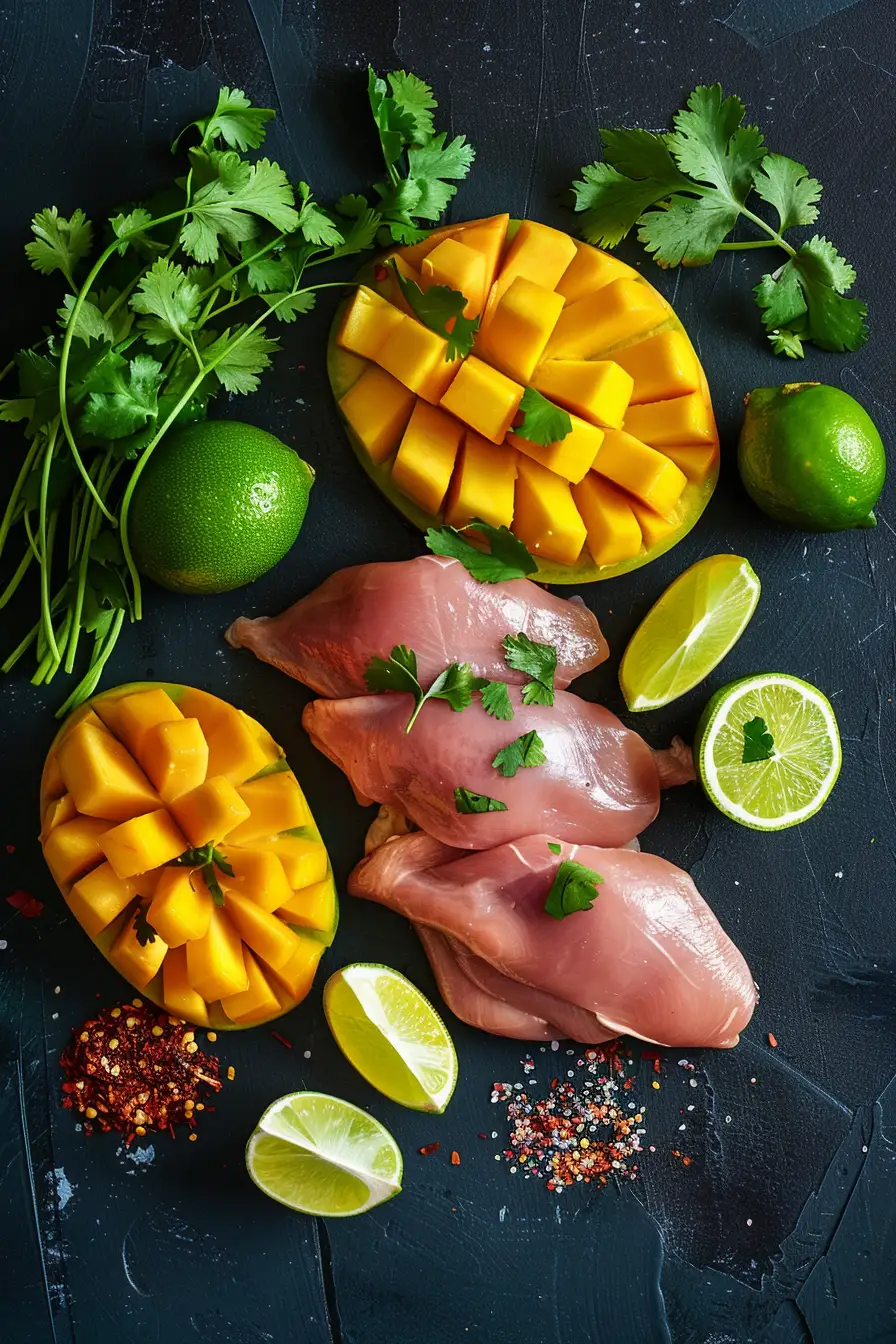 Poulet aux épices jerk et mangue, un zeste de citron vert et coriandre