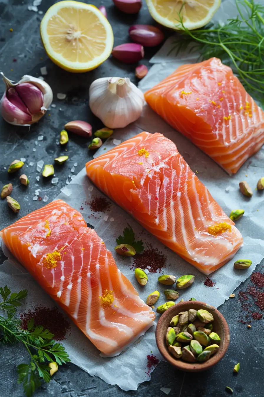 Saumon au safran et pistaches, parfumé au jus de citron et à l'ail
