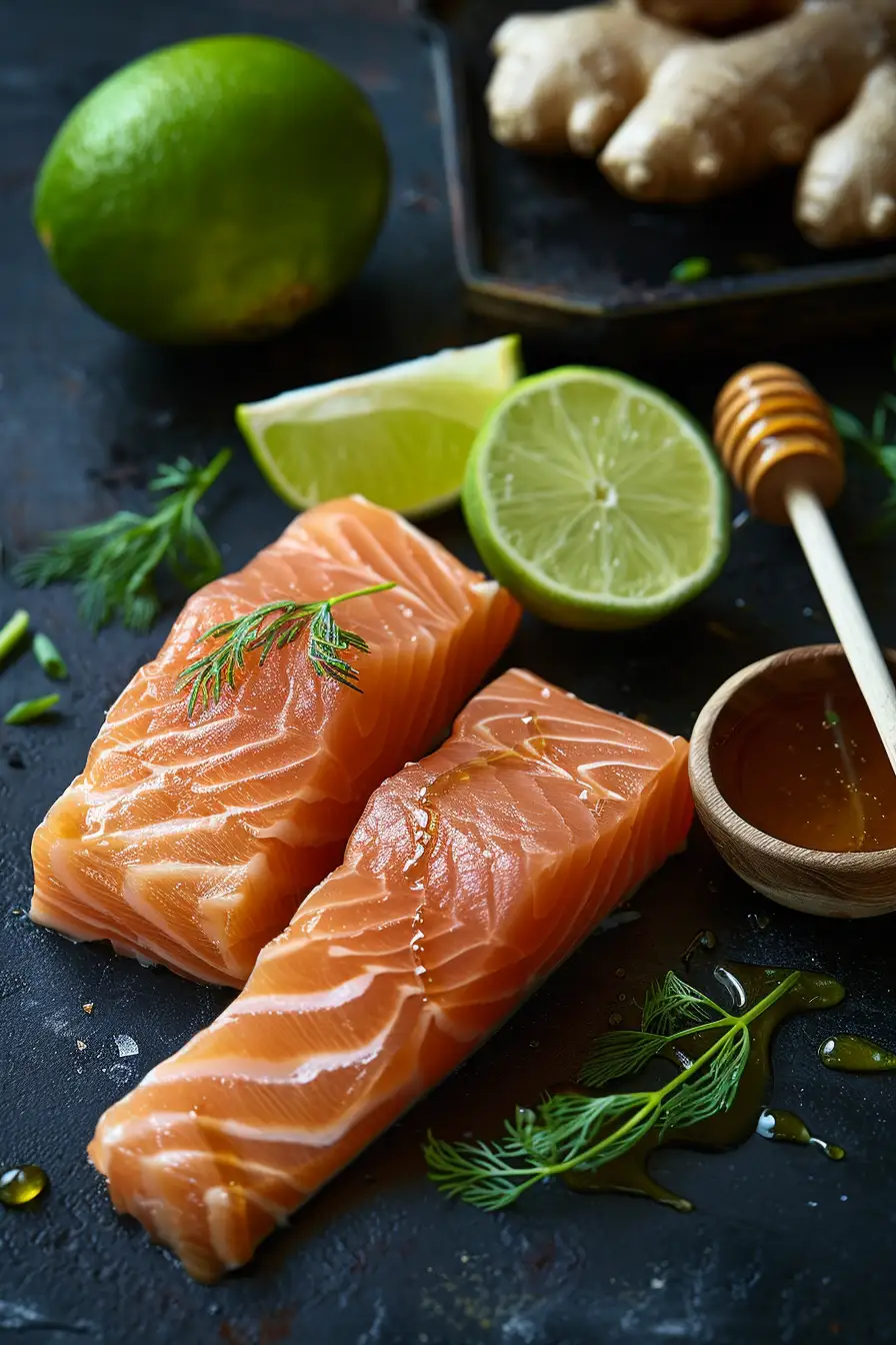 Saumon mariné au citron vert, miel et gingembre, parfumé à la coriandre