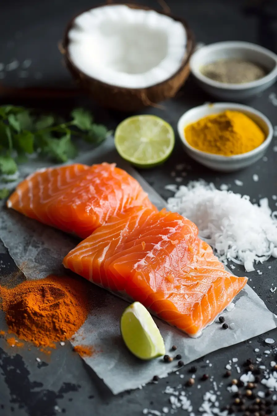 Saumon exotique au lait de coco et curry, parfumé au citron vert et coriandre